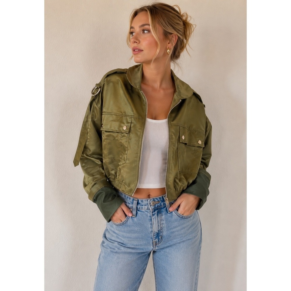 PrettyLittleThing Olive Green Satin Cropped Utility Hooded Jacket US 6 UK 10
